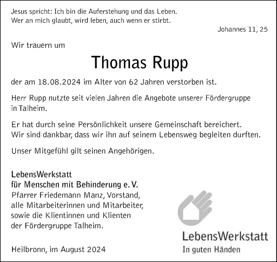 Traueranzeige von Thomas Rupp von GESAMT