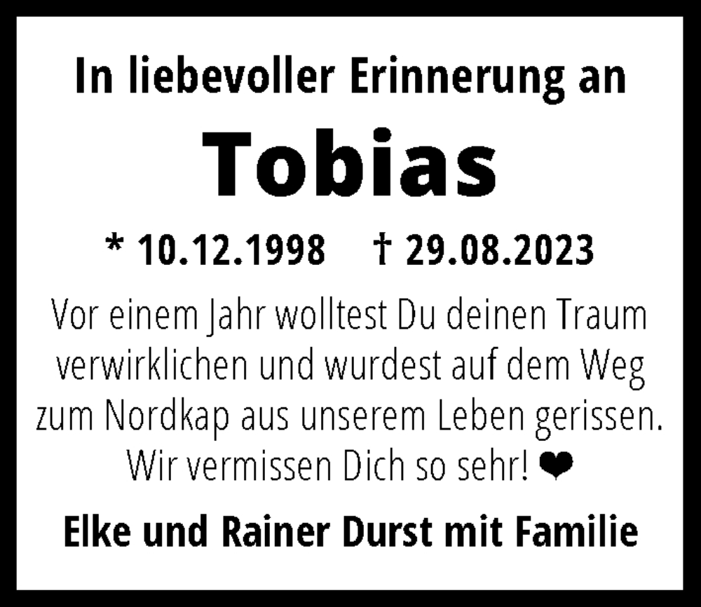  Traueranzeige für Tobias Durst vom 29.08.2024 aus GESAMT