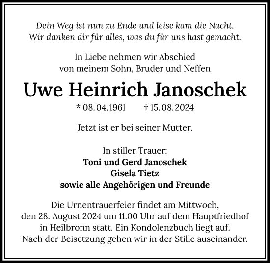 Traueranzeige von Uwe Heinrich Janoschek von GESAMT