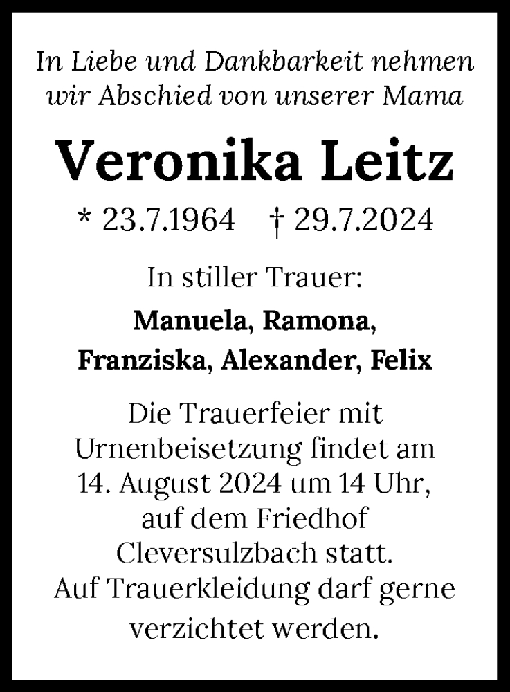  Traueranzeige für Veronika Leitz vom 09.08.2024 aus GESAMT