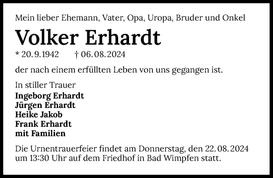 Traueranzeige von Volker Erhardt von GESAMT