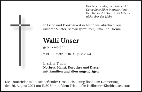 Traueranzeige von Walli Unser von GESAMT