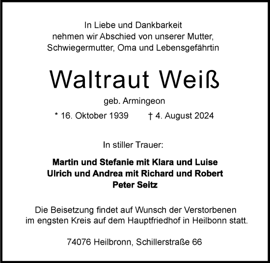 Traueranzeige von Waltraut Weiß