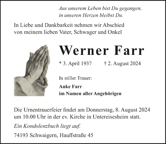 Traueranzeige von Werner Farr