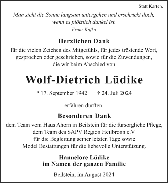 Traueranzeige von Wolf-Dietrich Lüdike