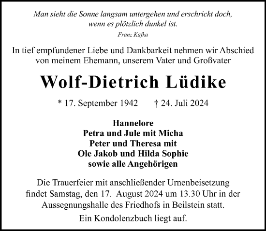 Traueranzeige von Wolf-Dietrich Lüdike