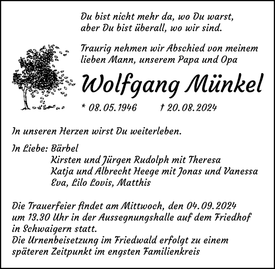 Traueranzeige von Wolfgang Münkel von GESAMT