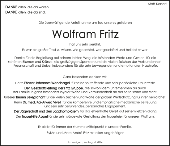 Traueranzeige von Wolfram Fritz von GESAMT