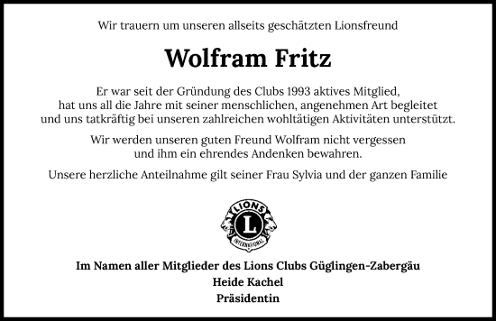 Traueranzeige von Wolfram Fritz von GESAMT