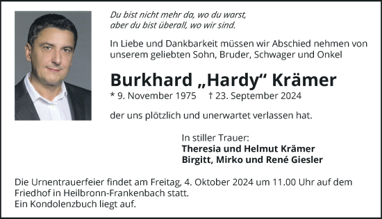 Traueranzeige von Burkhard Krämer von GESAMT