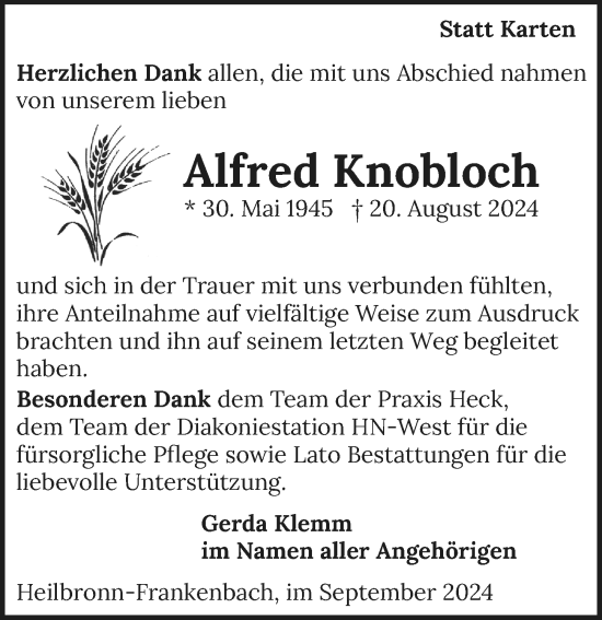 Traueranzeige von Alfred Knobloch von GESAMT