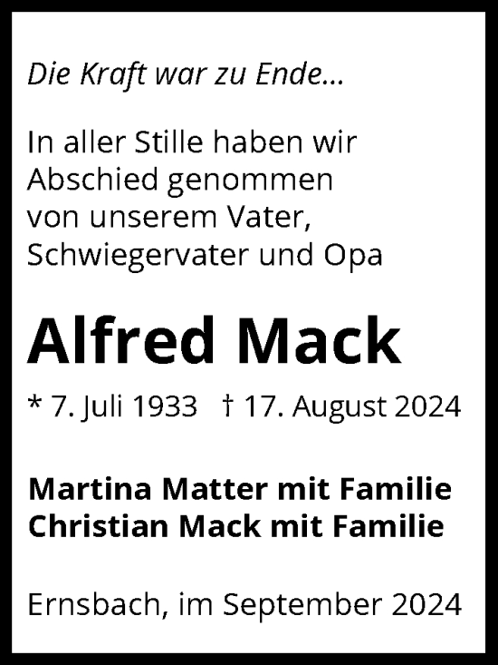 Traueranzeige von Alfred Mack von GESAMT