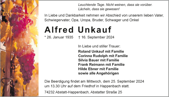 Traueranzeige von Alfred Unkauf von GESAMT