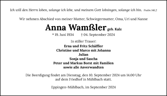 Traueranzeige von Anna Wamßler von GESAMT