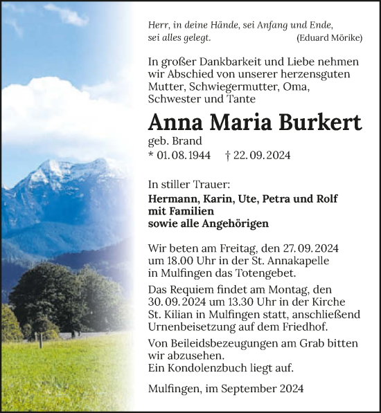 Traueranzeige von Anna Maria Burkert von GESAMT