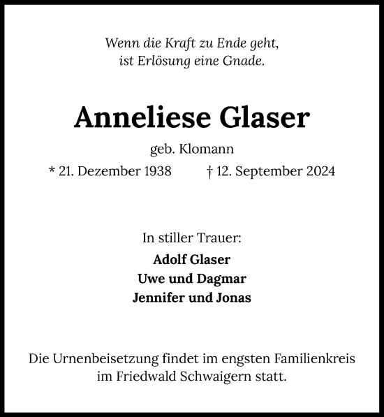 Traueranzeige von Anneliese Glaser von GESAMT