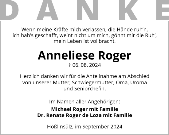 Traueranzeige von Anneliese Roger von GESAMT