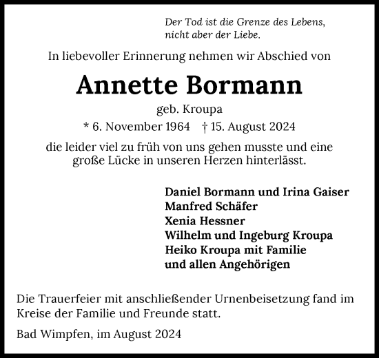 Traueranzeige von Annette Bormann von GESAMT