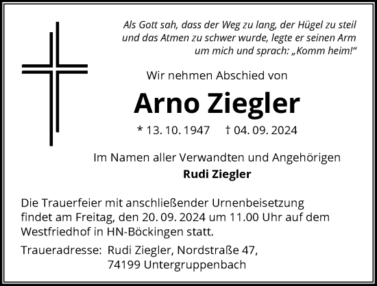 Traueranzeige von Arno Ziegler von GESAMT