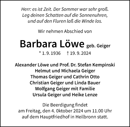 Traueranzeige von Barbara Löwe von GESAMT