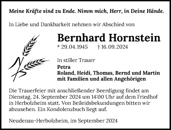 Traueranzeige von Bernhard Hornstein von GESAMT