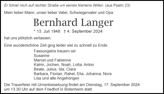 Traueranzeige von Bernhard Langer von GESAMT