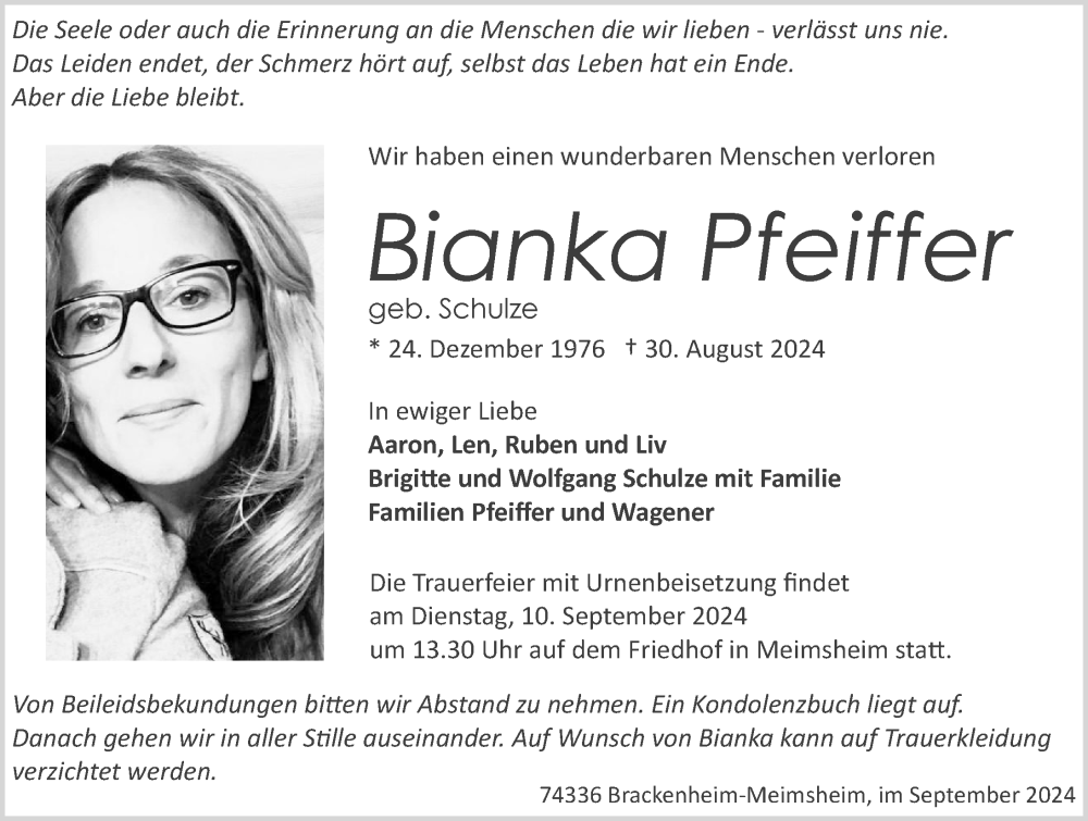  Traueranzeige für Bianka Pfeiffer vom 07.09.2024 aus GESAMT