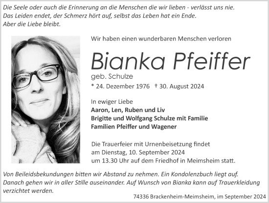 Traueranzeige von Bianka Pfeiffer von GESAMT