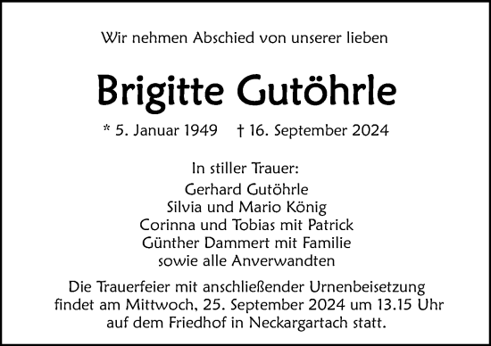 Traueranzeige von Brigitte Gutöhrle von GESAMT