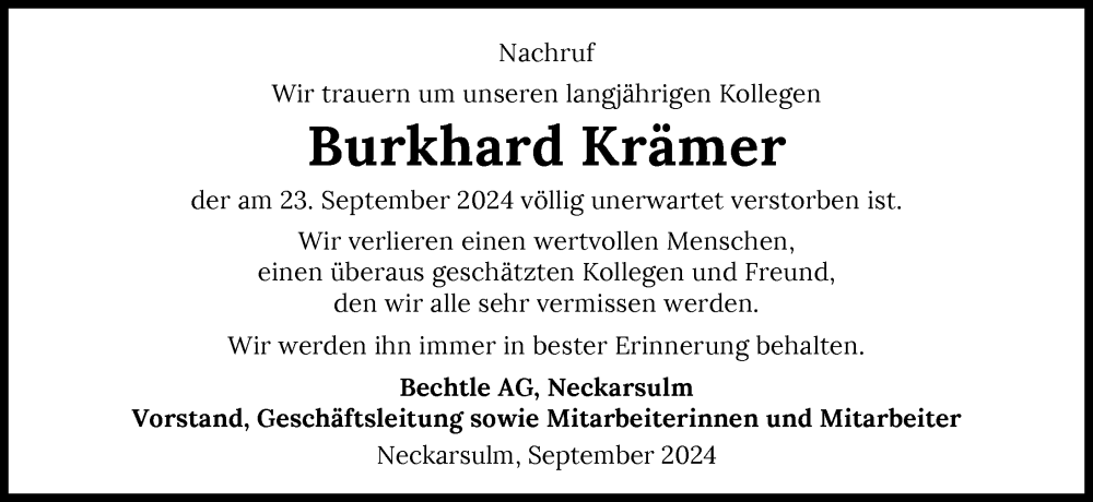  Traueranzeige für Burkhard Krämer vom 28.09.2024 aus GESAMT