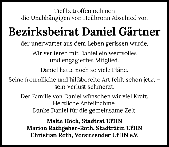 Traueranzeige von Daniel Gärtner von GESAMT