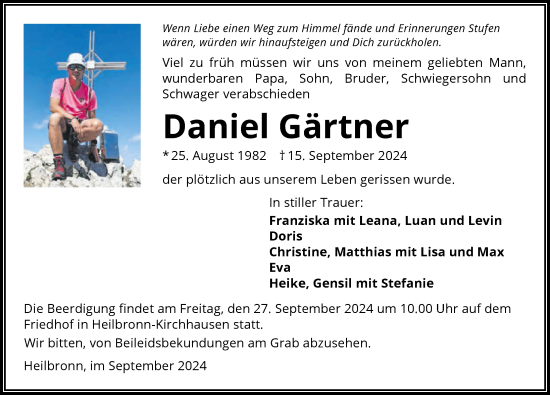 Traueranzeige von Daniel Gärtner von GESAMT