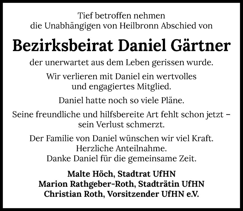  Traueranzeige für Daniel Gärtner vom 21.09.2024 aus GESAMT