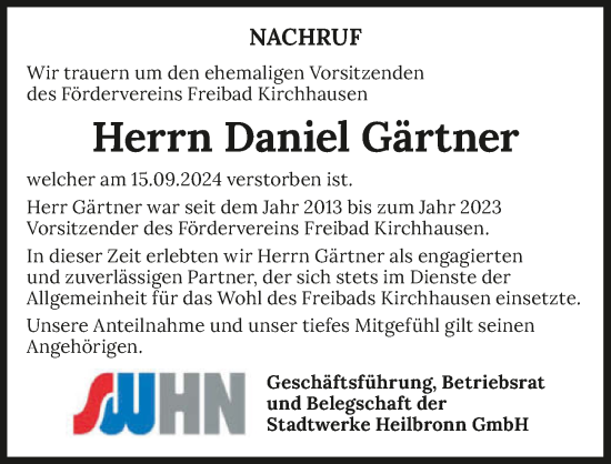 Traueranzeige von Daniel Gärtner von GESAMT