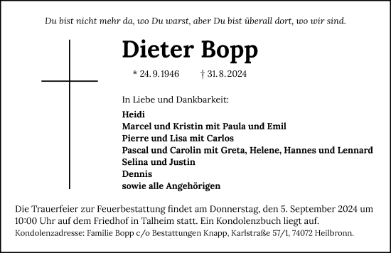 Traueranzeige von Dieter Bopp von GESAMT