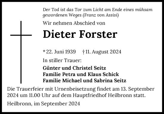 Traueranzeige von Dieter Forster von GESAMT