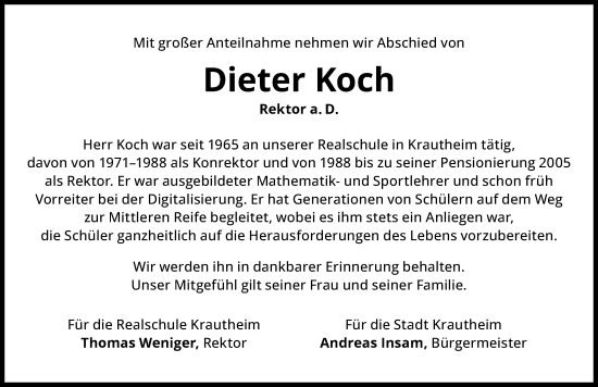 Traueranzeige von Dieter Koch von GESAMT