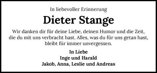 Traueranzeige von Dieter Stange von GESAMT