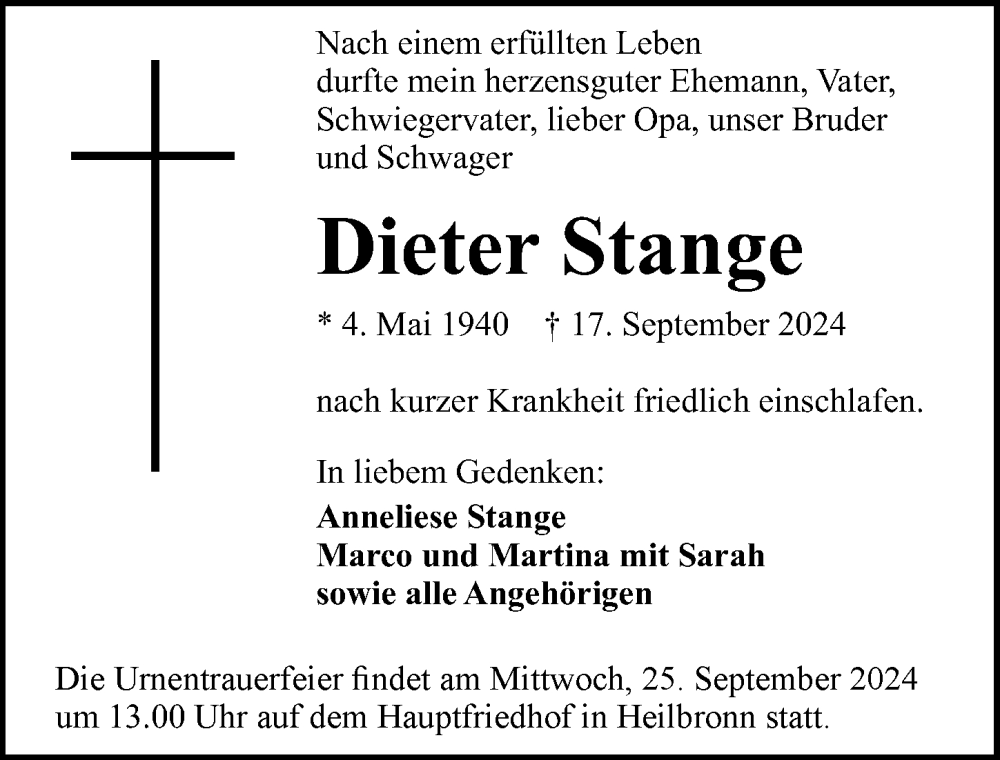  Traueranzeige für Dieter Stange vom 21.09.2024 aus GESAMT