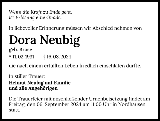 Traueranzeige von Dora Neubig von GESAMT