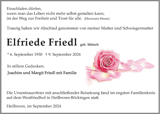 Traueranzeige von Elfriede Friedl von GESAMT