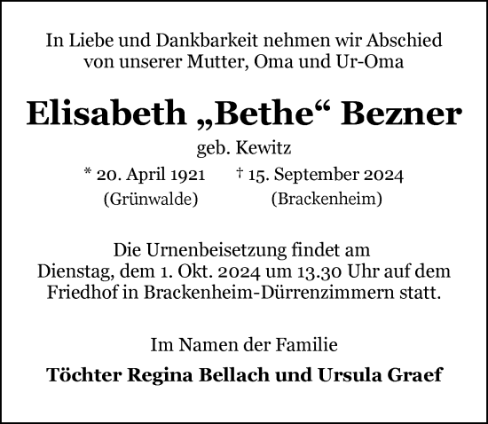 Traueranzeige von Elisabeth Bezner von GESAMT