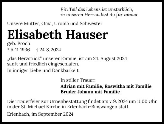 Traueranzeige von Elisabeth Hauser von GESAMT