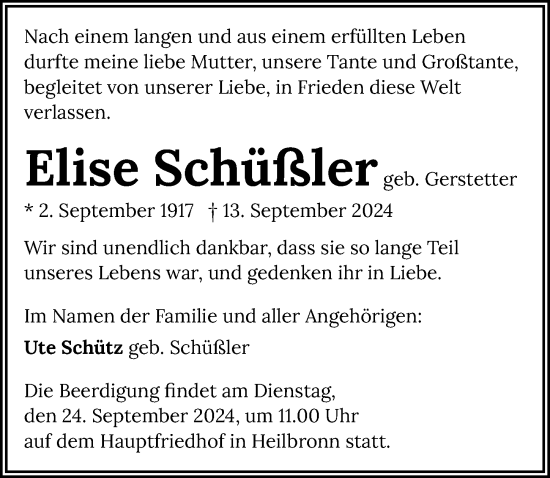 Traueranzeige von Elise Schüßler von GESAMT