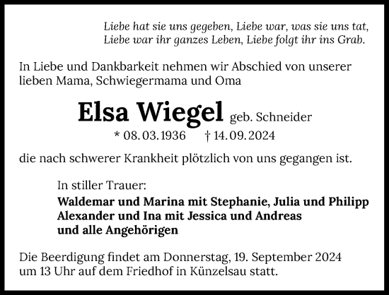 Traueranzeige von Elsa Wiegel von GESAMT