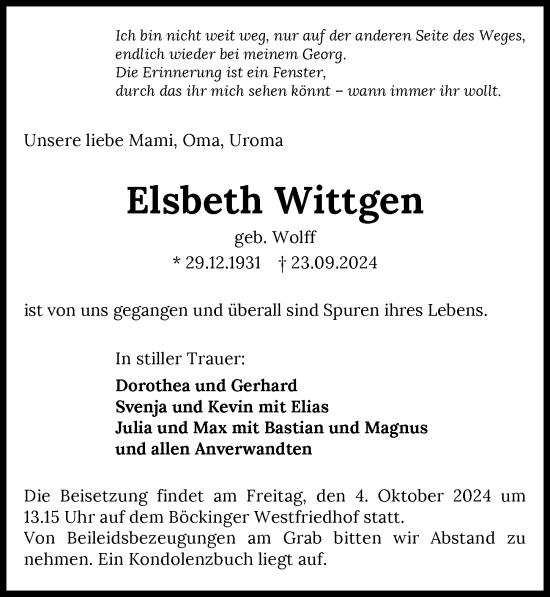 Traueranzeige von Elsbeth Wittgen von GESAMT