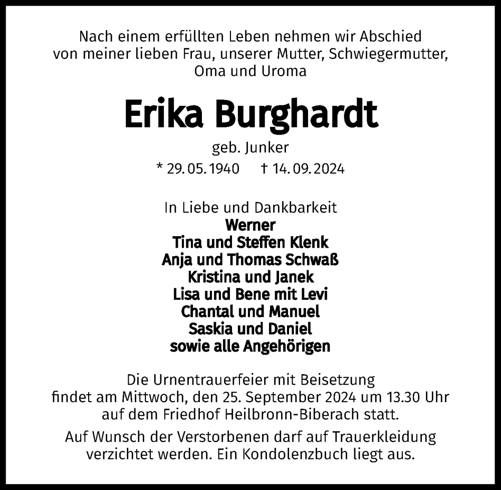  Traueranzeige für Erika Burghardt vom 21.09.2024 aus GESAMT