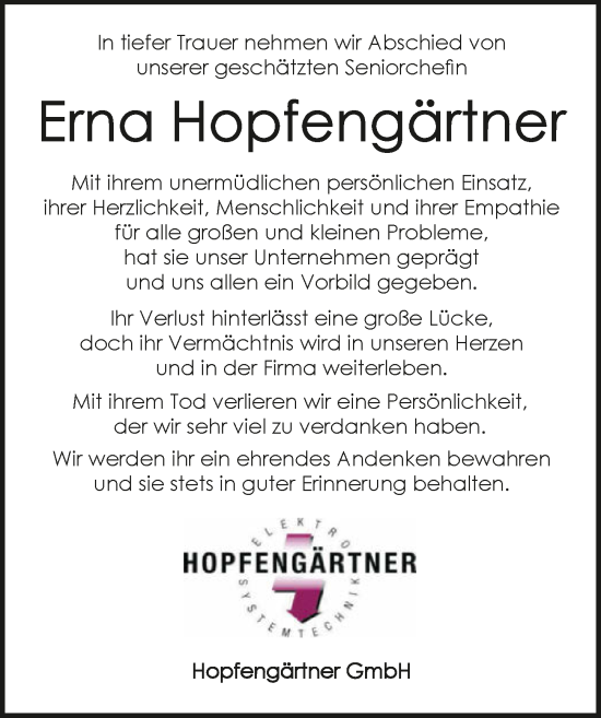 Traueranzeige von Erna Hopfengärtner von GESAMT