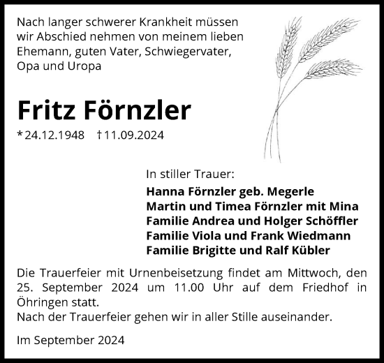 Traueranzeige von Fritz Förnzler von GESAMT