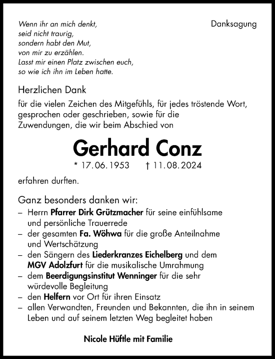 Traueranzeige von Gerhard Conz von GESAMT